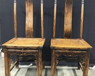 Antique Signed Carved Wooden Asian Chairs