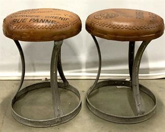 Pair Vntg. Leather Suede Stools w/ Metal Base