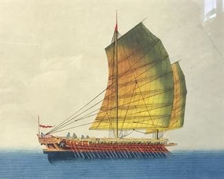 Signed Chinese Watercolor Junk Ship