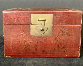 Signed Wooden Antique Asian Red Lacquered Box
