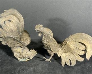 Pair Vintage Bronze Rooster Figurals, Greece