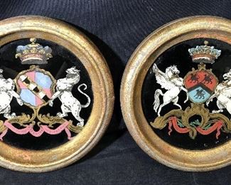 Pair Antique Eglomise Painted Crests