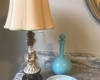French gilt porcelain antique vanity lamp and stunning French vintage robin’s egg blue glass decanter