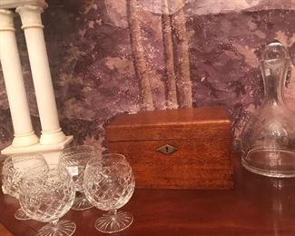 Cut glass brandy snifter
Antique English humidor/box
Set of modern decanters 