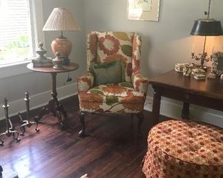 Vintage wing back chair & antique tilt top walnut table 