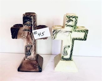 Ceramic cross candleholders 
buyers choice 
7.5 inches wide by 13 inches tall 
25$each
