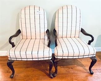 Pair of black and white covered armchairs some staining and tearing 27 inches wide $95 for the pair
