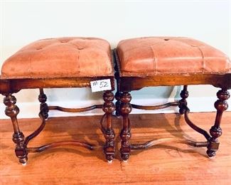 Pair of leather covered stools 
minor scratching on the legs one button missing
 21 inches wide by 23 inches tall $95