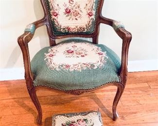 Needlepoint chair and footstool 22 inches wide $195