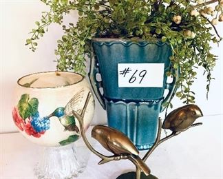 Blue vase, hummingbird vase, brass birds set $48
