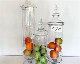 Set of three glass canisters 30 inches, 24 inches, 20 inches tall one small chip 32$ for the set