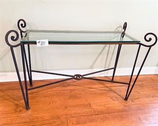Iron and glass console table 21 inches wide by 26 inches tall $135