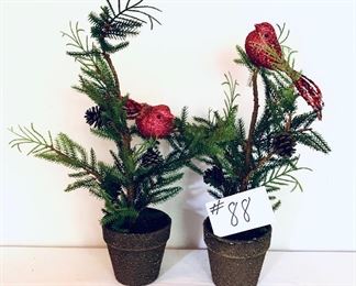 Pair of potted Pines with red birds 14 to 15 inches tall $20