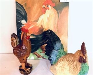 90A chicken painting 16x 20 $49
90B wooden chicken 12” t $35
90C resin chicken 12”w $ 20