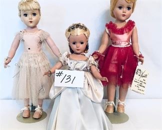 131A- vintage ballerina 17” t $60
131B- madam Alexander Cinderella 14”t    $ 75
131c- ARRANBEE nannette doll 17” t $45