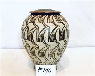 Skip Allen/Springwood pottery
Stoneware cover jar, hand-painted slip decorated geometric pattern 11 1/2 inches tall $225