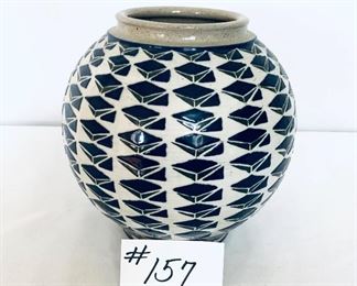 Skip Allen handpainted slip decorated geometric design vase 9 inches tall $180