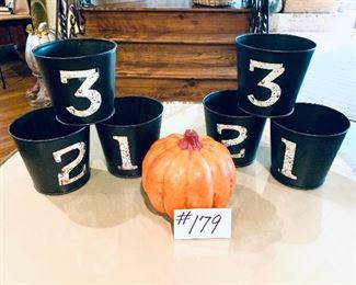 Set of tins 5”t $12 each set
Pumpkin candle 5” t $5