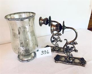 Mercury glass candle holder 9.5 inches tall and two metal candleholders 7.5 inches tall lot price $26