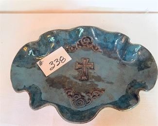Aqua cross pottery dish 14.5 inches wide $24
