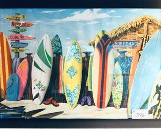 Surfboard poster framed 35.5 inches wide by 27.5 inches tall $40