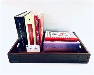 Lot of cookbooks and wooden tray 18 inches wide $45