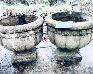 #366- Pair of concrete planters 14.5 inches wide by 13 inches tall $99