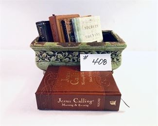 Green planter 11 inches wide and five devotional books $25