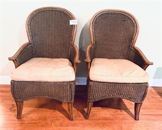 SUMMER CLASSICS HEAVY WICKER CHAIRS.  21w.  40t. 
Pair 450
Cushions are moderately stained. 