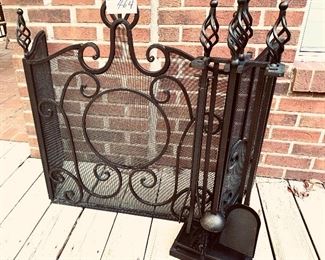 Black metal fireplace screen and fire tools set $295