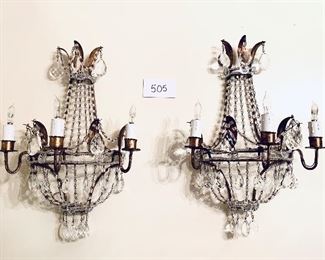 Pair of Jeweled  sconces (Beaded prisms missing on the left sconce at the top) 
12”w. 20”L 
$300