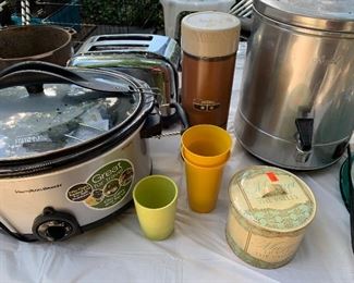 Crock Pot,  Tupperware, Cuisinart Toaster, Admiaral Coffee Percolator, Vintage Tupperware and Thermos