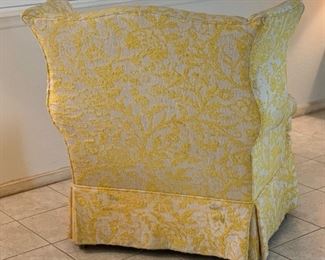 #2 1960s upholstered Wingback Chair Yellow/White	42x40x29in	HxWxD