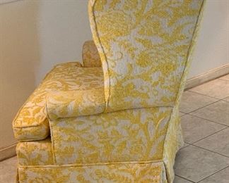 #2 1960s upholstered Wingback Chair Yellow/White	42x40x29in	HxWxD