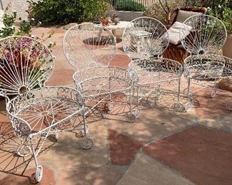 1960s MCM Wrought Iron Peacock Patio set Tile top table w/ 4 Charrs	Table:  26.5in H x 35.5 diameter. Chairs:39.5x 22x20 in	HxWxD
