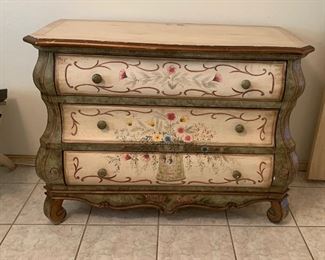 Hand Painted Mexican Bombe Chest Dresser	34x45x20in	HxWxD
