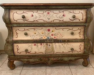 Hand Painted Mexican Bombe Chest Dresser	34x45x20in	HxWxD
