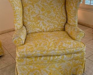 #1 1960s upholstered Wingback Chair Yellow/White 42x40x29in HxWxD