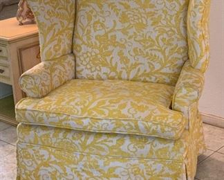 #1 1960s upholstered Wingback Chair Yellow/White 42x40x29in HxWxD
