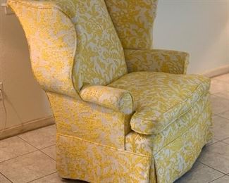 #2 1960s upholstered Wingback Chair Yellow/White 42x40x29in HxWxD