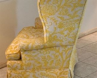 #1 1960s upholstered Wingback Chair Yellow/White 42x40x29in HxWxD
#2 1960s upholstered Wingback Chair Yellow/White 42x40x29in HxWxD