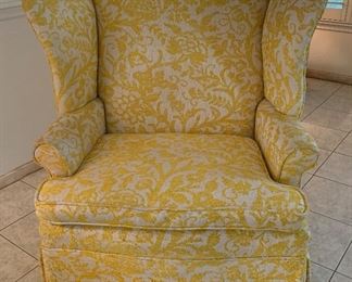 #2 1960s upholstered Wingback Chair Yellow/White 42x40x29in HxWxD