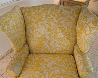 #2 1960s upholstered Wingback Chair Yellow/White 42x40x29in HxWxD