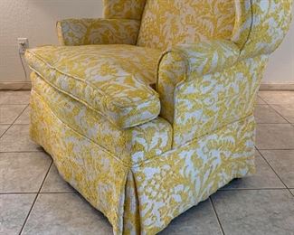#2 1960s upholstered Wingback Chair Yellow/White 42x40x29in HxWxD