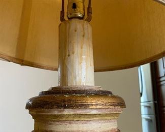 #3 1960s Jeanne Valentine Mexican MCM Hand Carved Table Lamp Short Column 30in H x 13in Diameter