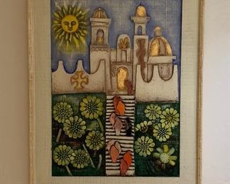1960s Mexican MCM Jeanne Valentine 3D Wood Block Mission Church Art 42.5x32.5x1.5in HxWxD