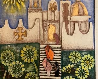 1960s Mexican MCM Jeanne Valentine 3D Wood Block Mission Church Art 42.5x32.5x1.5in HxWxD