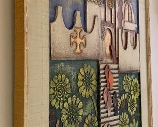 1960s Mexican MCM Jeanne Valentine 3D Wood Block Mission Church Art 42.5x32.5x1.5in HxWxD