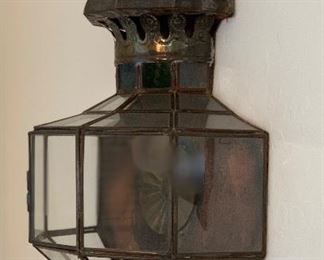 2pc Mexico Punched Copper/Brass Glass Sconces PAIR 21x12x6in HxWxD