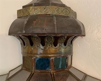 2pc Mexico Punched Copper/Brass Glass Sconces PAIR 21x12x6in HxWxD